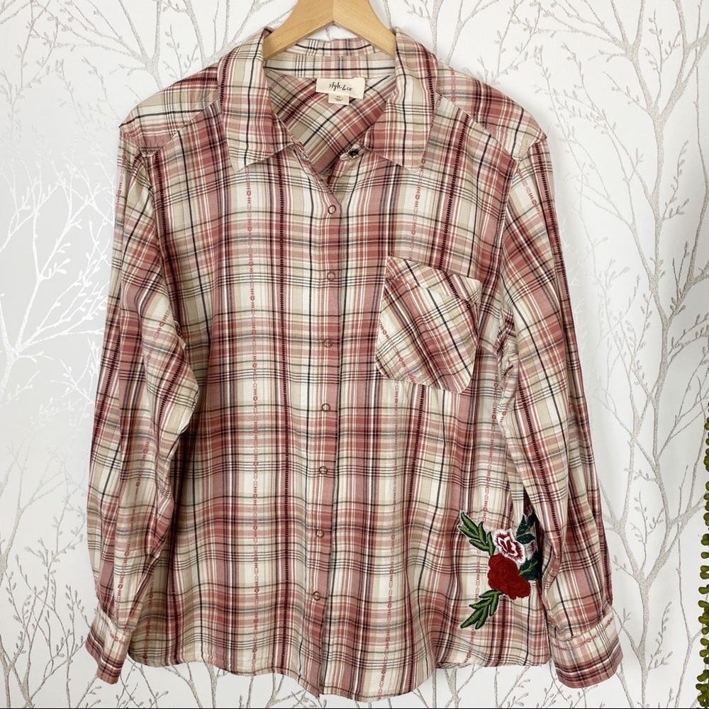 Style & Co Pink Plaid Snap Close Shirt Embroidered